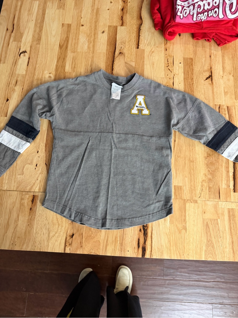 Gray Long-Sleeve Kids Tee with 'A' Patch and Contrast Sleeve Stripes